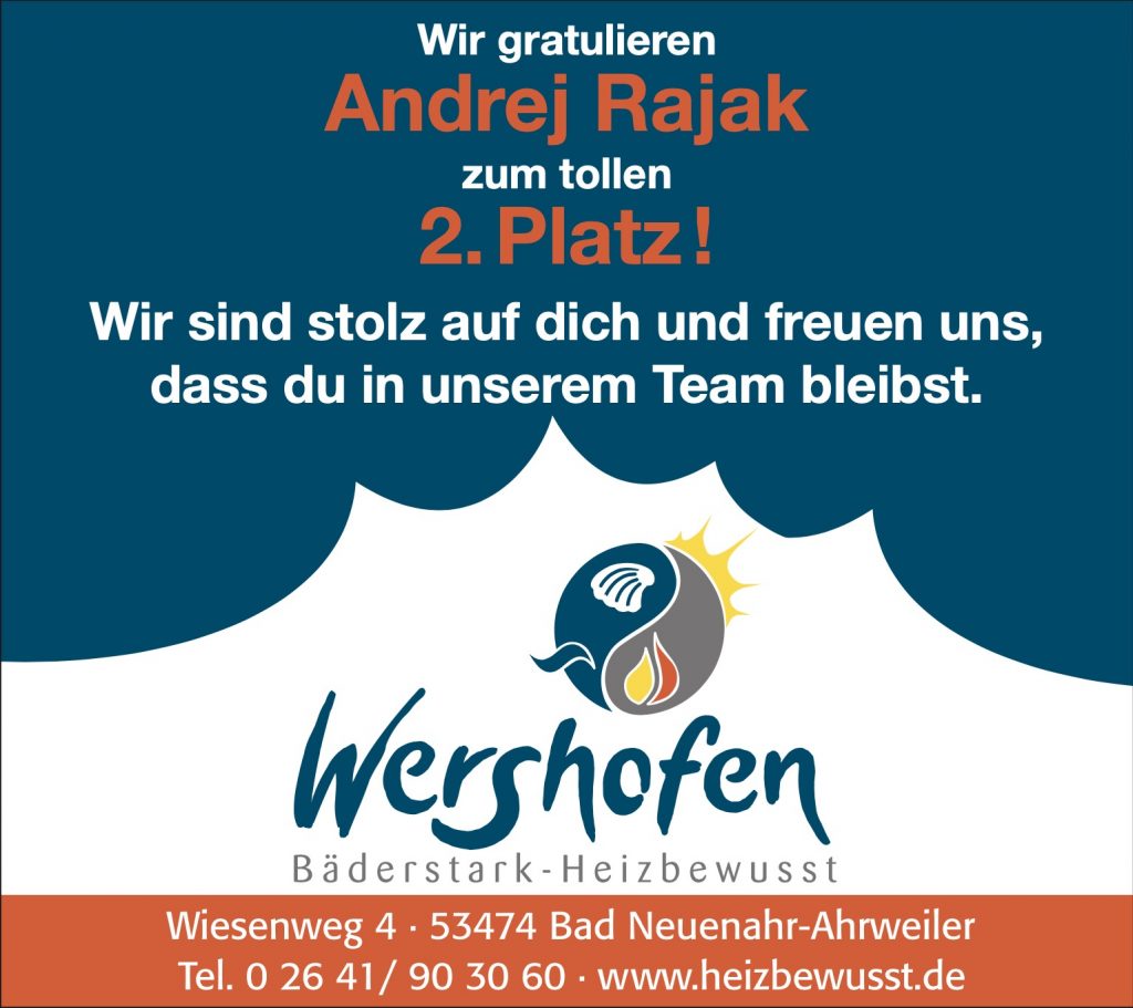Glückwunschschreiben für Andrej Rajak zum 2. Platz, von der Firma Wershofen.